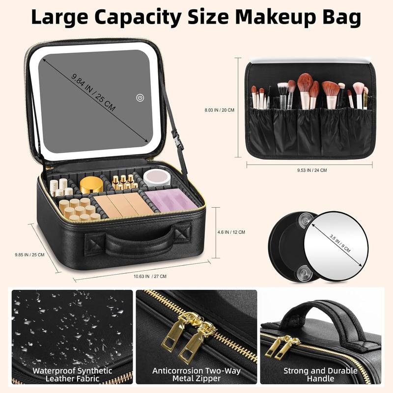 Travel Makeup Bag with Mirror of LED Lighted, Makeup Train Case with Adjustable Dividers, Makeup Case with Mirror and Detachable 10x Magnifying Mirror