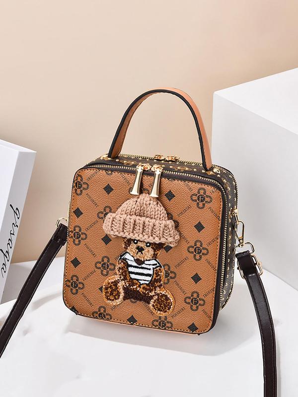 Women's Cute Cartoon Bear Pattern Handbag, PU Leather Crossbody Bag with Studded Decor, Female All-match Square Bag for Daily Used