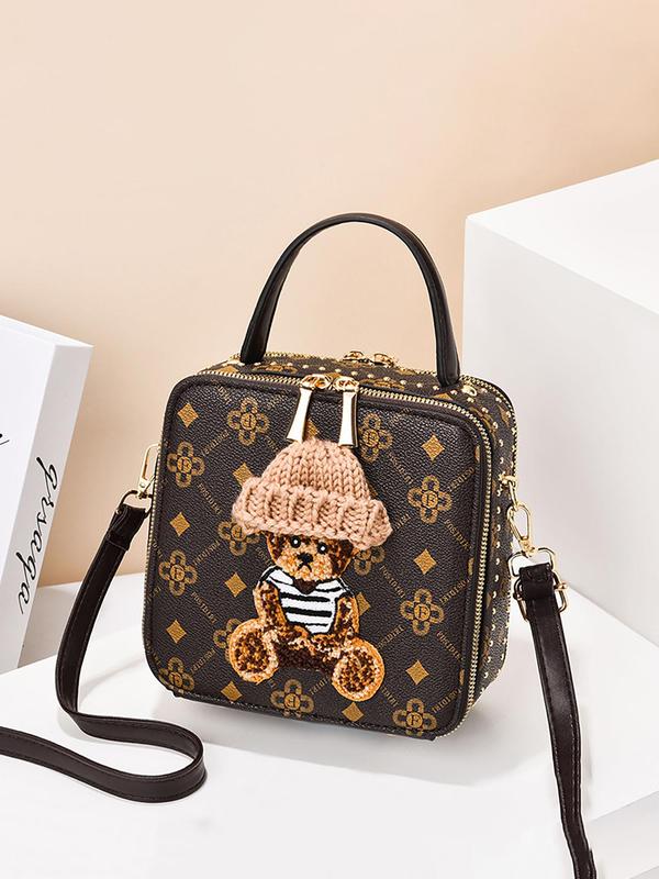 Women's Cute Cartoon Bear Pattern Handbag, PU Leather Crossbody Bag with Studded Decor, Female All-match Square Bag for Daily Used