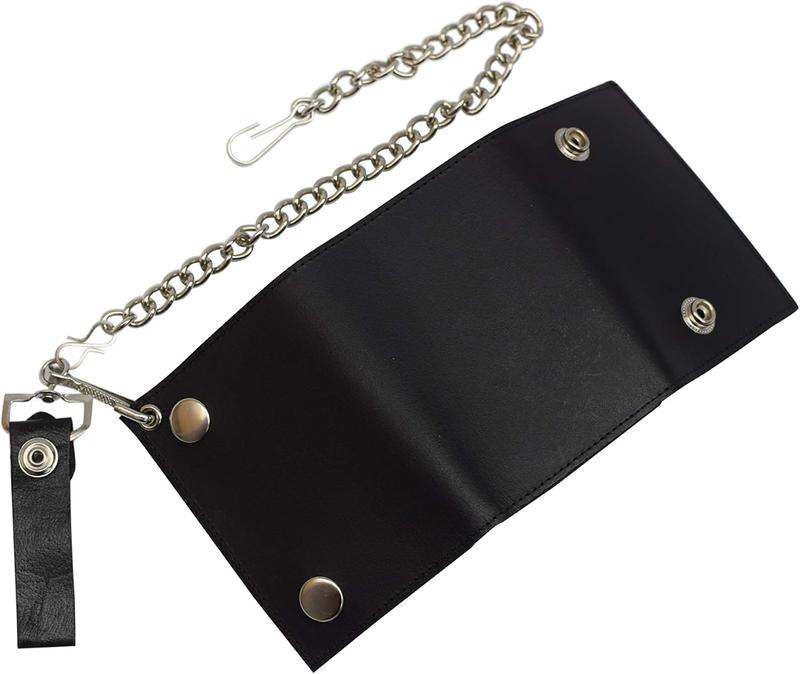 BLACK GENUINE LEATHER Trifold Biker's Wallet ID Card Holder w Chain Skull