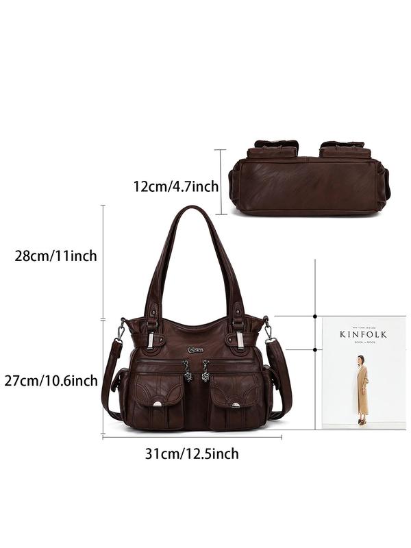 Women's Fashionable Soft PU Leather Multi-pocket Tote Bag, Solid Color Large Shoulder Bag, Handbags for Women, Casual Versatile Crossbody Bag for Daily Used, Tote Bag for College