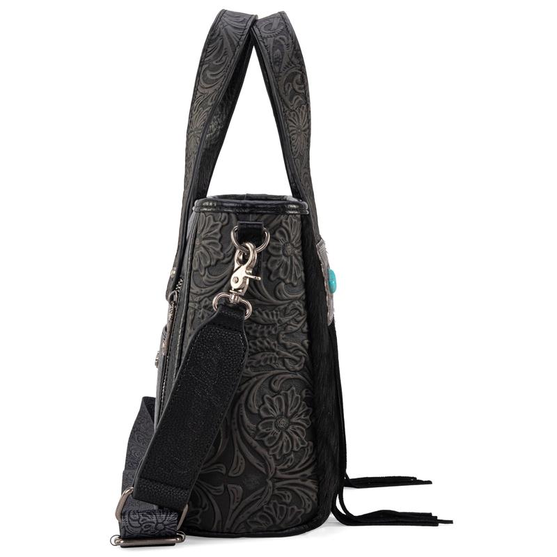 Wrangler Hair-On Cowhide Tote Bag for Women Western Handbag Floral Tooling Patterns