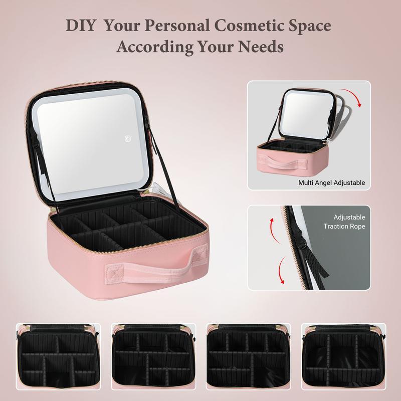 Travel Make-up Case with LED Mirror with 3-colour LED Lighted Adjustable Dividers, Make-up Case with Mirror Make-up Bags mutipul colore