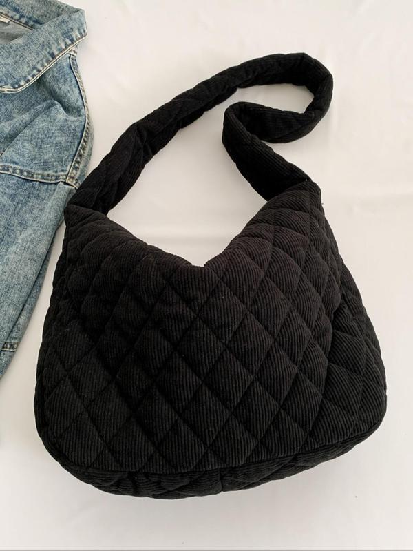 Women's Solid Color Quilted Corduroy Hobo Bag, Fashionable Large Capacity Shoulder Bag for Daily Used, Casual Trendy Versatile High-quality Daily Commuting Bag