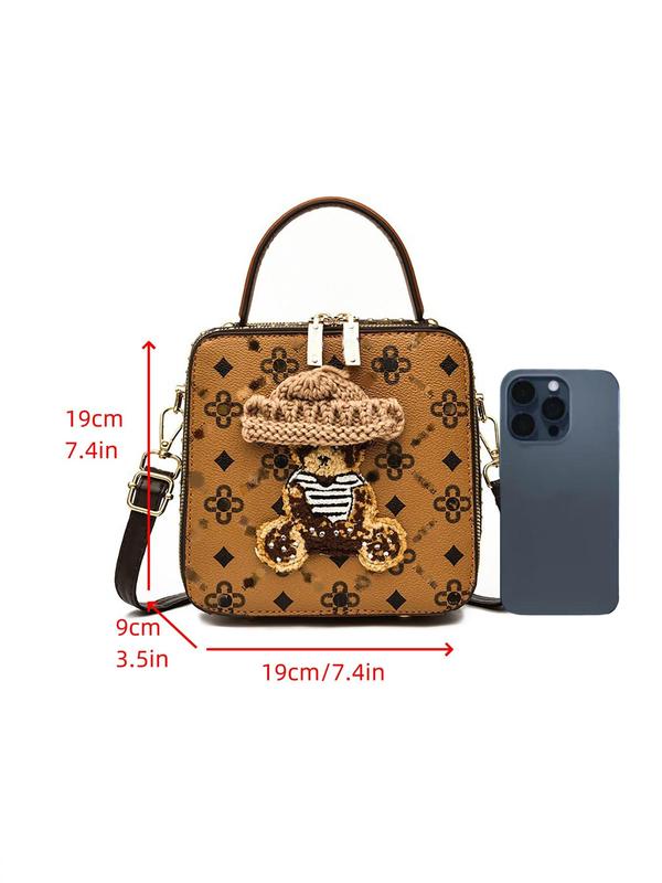 Women's Cute Cartoon Bear Pattern Handbag, PU Leather Crossbody Bag with Studded Decor, Female All-match Square Bag for Daily Used