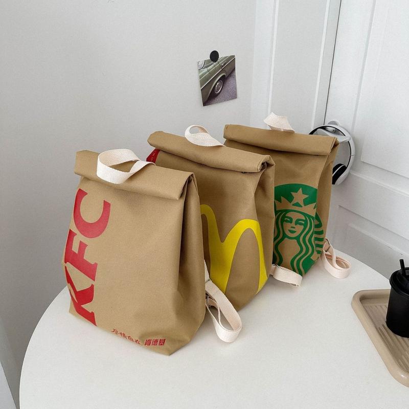 McDonald's Backpack Fun Backpack Women's Canvas large capacity cartoon French fries bag Travel crossbody bag Starbucks KFC bag Double backpack schoolbag