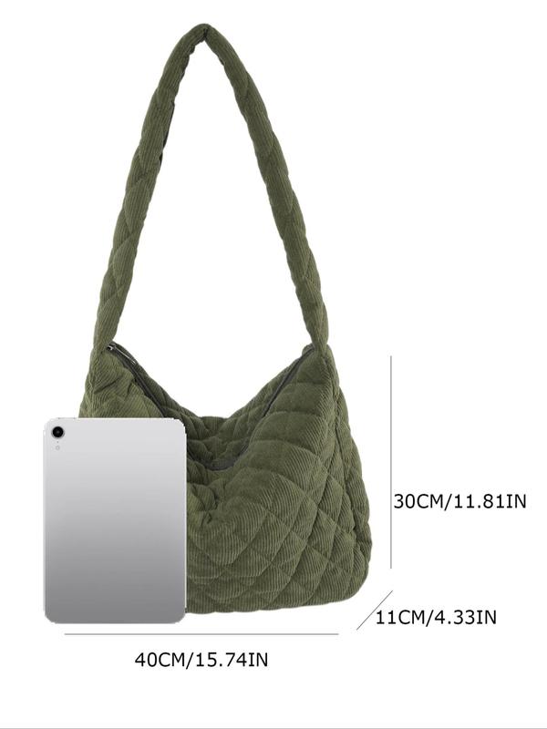 Women's Solid Color Quilted Corduroy Hobo Bag, Fashionable Large Capacity Shoulder Bag for Daily Used, Casual Trendy Versatile High-quality Daily Commuting Bag