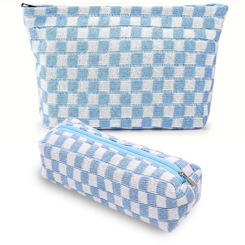 Plaid Pattern Makeup Bag & Makeup Pencil Case Set (2 Counts set), Large Capacity Cosmetic Storage Bag, Portable Toiletry Bag, Zipper Makeup Organizer Pouch, Versatile Storage Bag