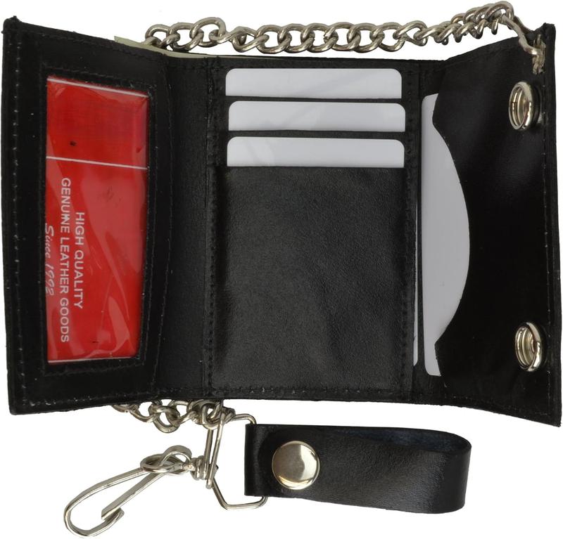 BLACK GENUINE LEATHER Trifold Biker's Wallet ID Card Holder w Chain Skull