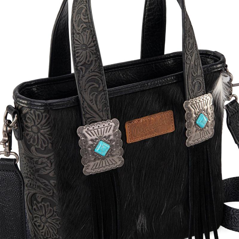 Wrangler Hair-On Cowhide Tote Bag for Women Western Handbag Floral Tooling Patterns