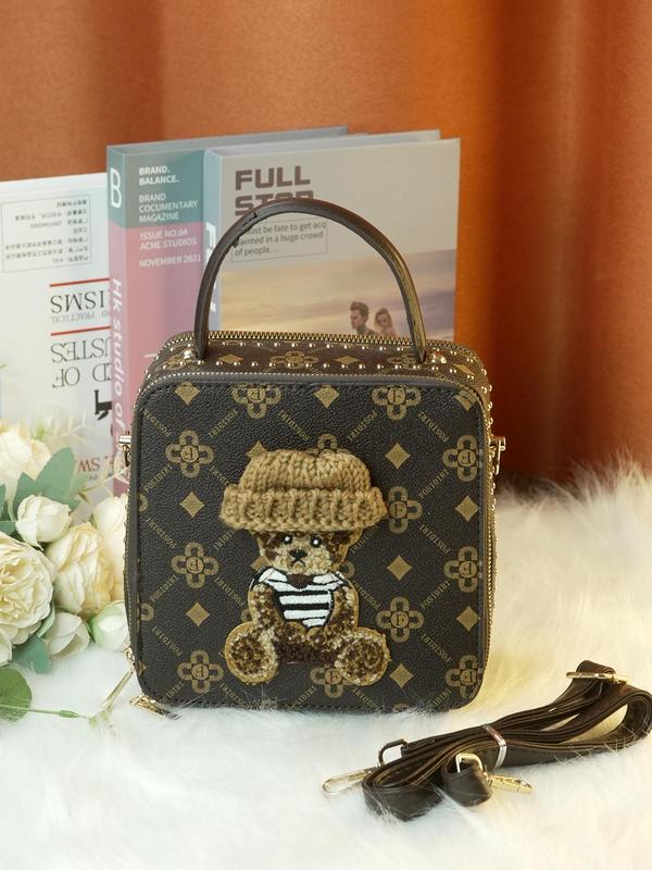 Women's Cute Cartoon Bear Pattern Handbag, PU Leather Crossbody Bag with Studded Decor, Female All-match Square Bag for Daily Used