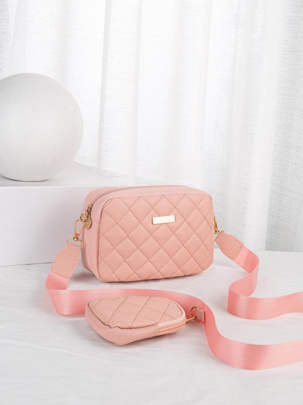 Women's Fashion Quilted Crossbody Bag with Small Wallet, 2pcs Casual Zipper Shoulder Bag for Women & Girls, Trendy Versatile High-quality Daily Commuting Bag