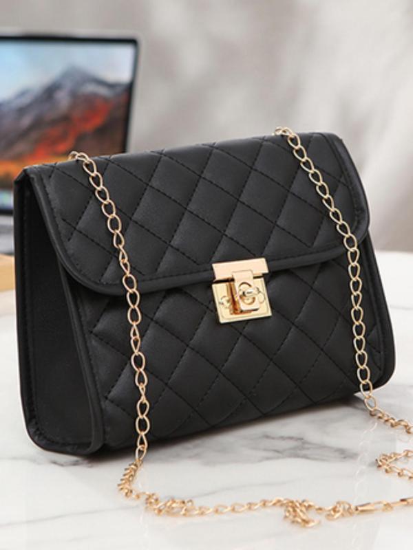 Women's Solid Color Quilted Chain Strap Shoulder Bag, Fashionable Buckle Closure Crossbody Bag, Simple All-match Small Square Bag for Daily Used