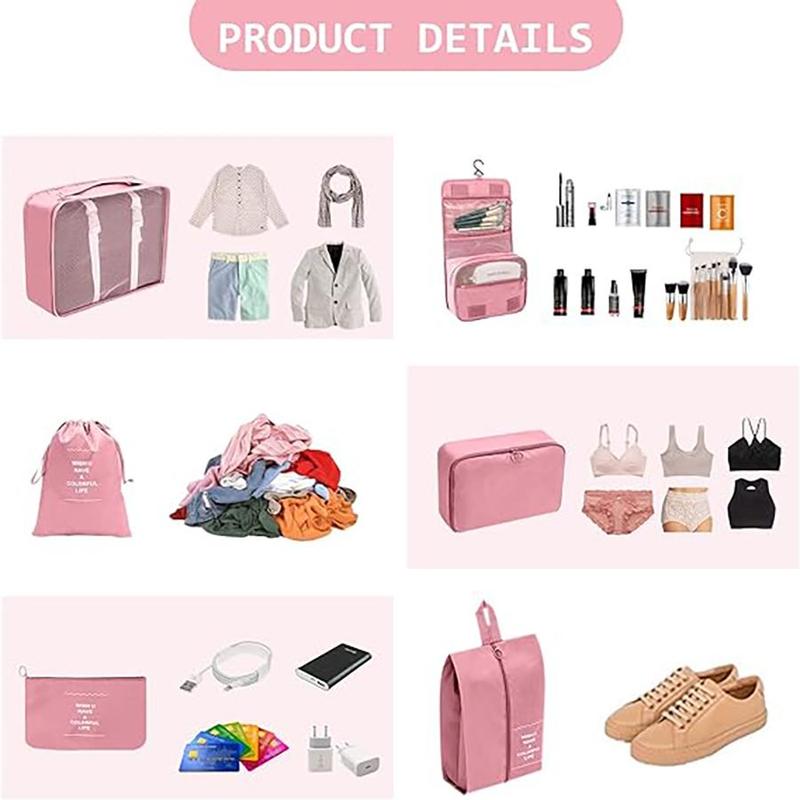 Travel Essential Organizer Set, 11pcs set Multi-size Travel Accessory Organizer Set, Wash Bag, Shoe Bag, Eyebrow Pencil Lipstick Organizer, Drawstring Pocket, Hook Makeup Bag