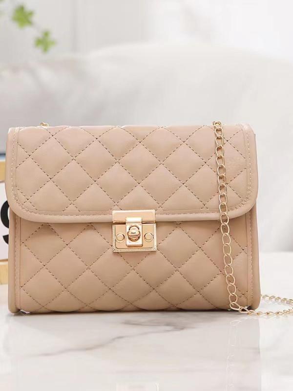 Women's Solid Color Quilted Chain Strap Shoulder Bag, Fashionable Buckle Closure Crossbody Bag, Simple All-match Small Square Bag for Daily Used