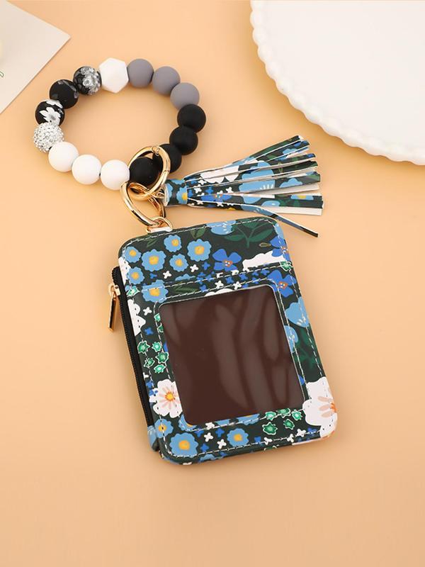 Fashion Floral Pattern Card Holder with Tassel & Beaded Decor, Casual Versatile Zipper Wallet for Women, Trendy All-match & Exquisite Wallet for Birthday Gift