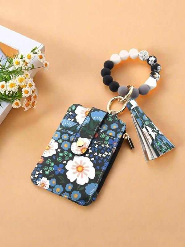 Fashion Floral Pattern Card Holder with Tassel & Beaded Decor, Casual Versatile Zipper Wallet for Women, Trendy All-match & Exquisite Wallet for Birthday Gift