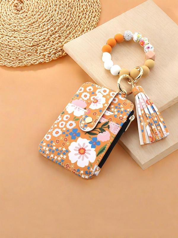 Fashion Floral Pattern Card Holder with Tassel & Beaded Decor, Casual Versatile Zipper Wallet for Women, Trendy All-match & Exquisite Wallet for Birthday Gift