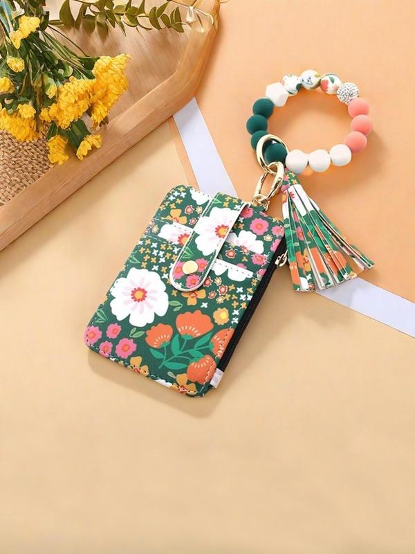 Fashion Floral Pattern Card Holder with Tassel & Beaded Decor, Casual Versatile Zipper Wallet for Women, Trendy All-match & Exquisite Wallet for Birthday Gift