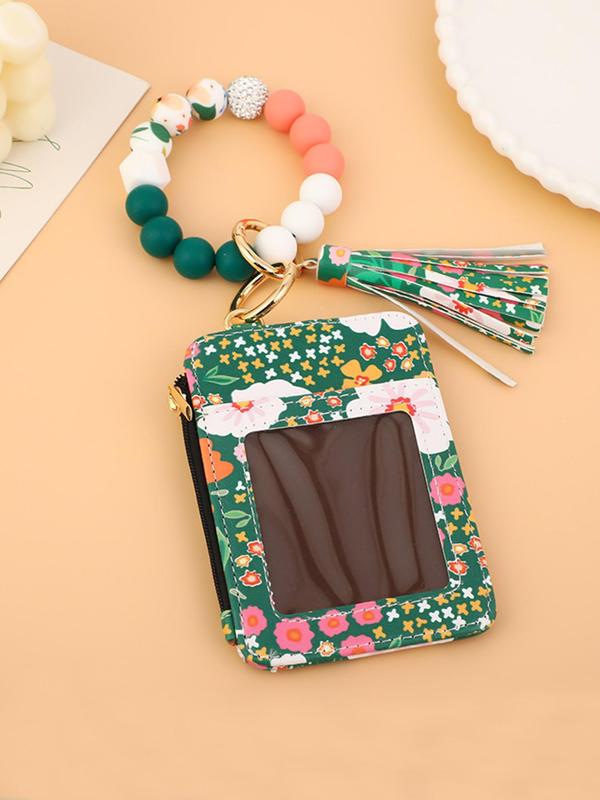 Fashion Floral Pattern Card Holder with Tassel & Beaded Decor, Casual Versatile Zipper Wallet for Women, Trendy All-match & Exquisite Wallet for Birthday Gift