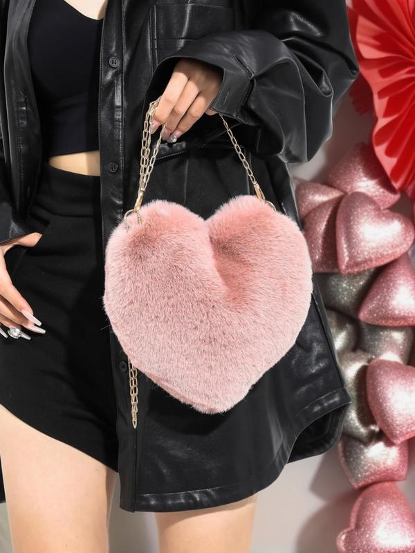 Plush Heart Shaped Crossbody Bag As Galentine's Day & Valentine's Day Gift, Fluffy Bag with Chain Strap, Fashion Solid Color Shoulder Bag, Love Heat Cute Funny Novelty Bag for Women for Dating