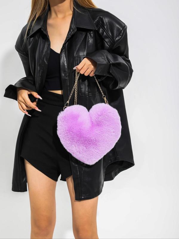 Plush Heart Shaped Crossbody Bag As Galentine's Day & Valentine's Day Gift, Fluffy Bag with Chain Strap, Fashion Solid Color Shoulder Bag, Love Heat Cute Funny Novelty Bag for Women for Dating