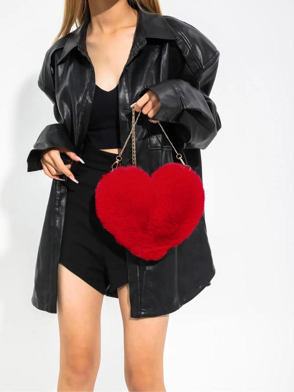 Plush Heart Shaped Crossbody Bag As Galentine's Day & Valentine's Day Gift, Fluffy Bag with Chain Strap, Fashion Solid Color Shoulder Bag, Love Heat Cute Funny Novelty Bag for Women for Dating