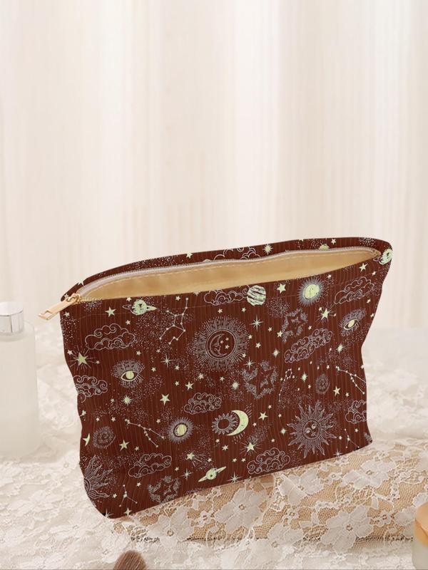 Cute Star & Moon Pattern Corduroy Makeup Bag, Lightweight Multifunctional Cosmetic Storage Bag, Casual Versatile Zipper Makeup Bag for Travel & Daily Use