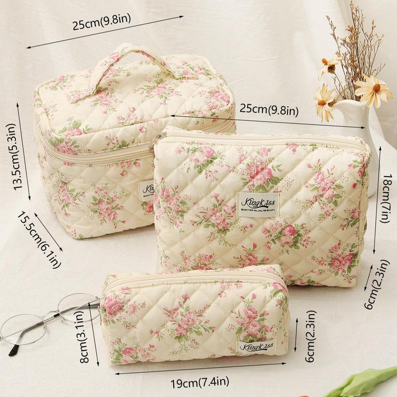 Floral Pattern Quilted Makeup Bag Set, 3 Counts Large Capacity Cosmetic Storage Bag, Zipper Makeup Organizer Pouch, Versatile Storage Bag for Makeup Tool