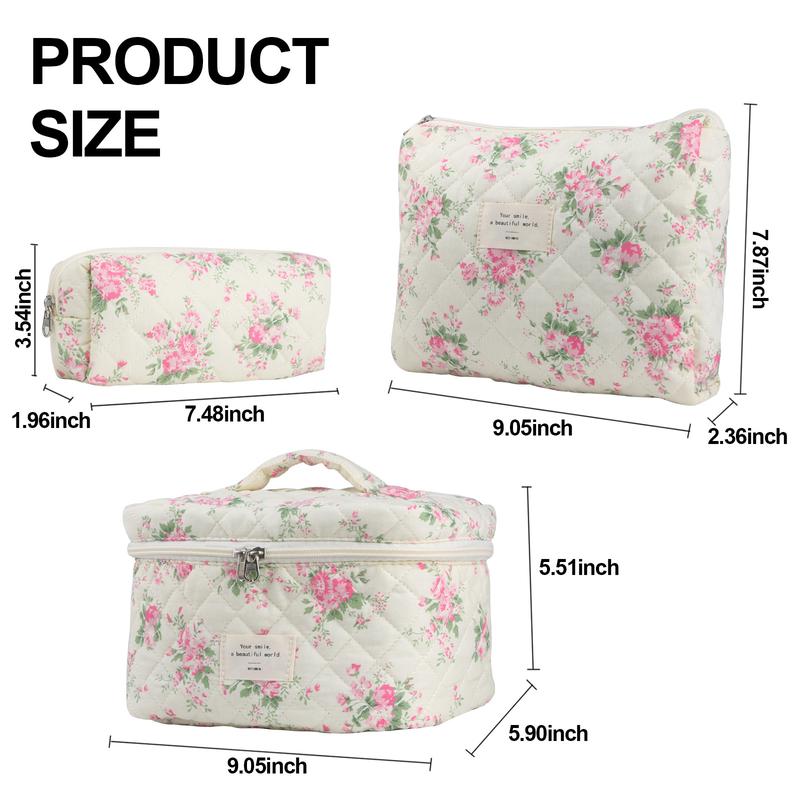 Cute Makeup Bag for Women(3 Pcs), Travel Cosmetic Bags, Quilted Coquette Aesthetic Floral Toiletry Organizer Bag