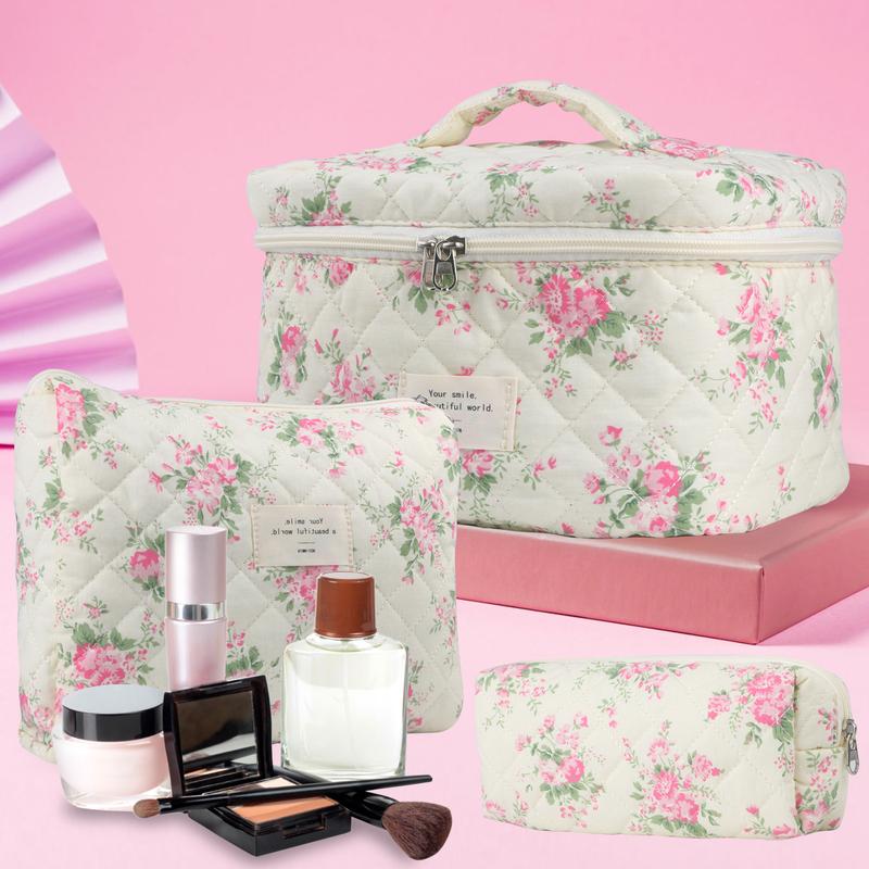 Cute Makeup Bag for Women(3 Pcs), Travel Cosmetic Bags, Quilted Coquette Aesthetic Floral Toiletry Organizer Bag