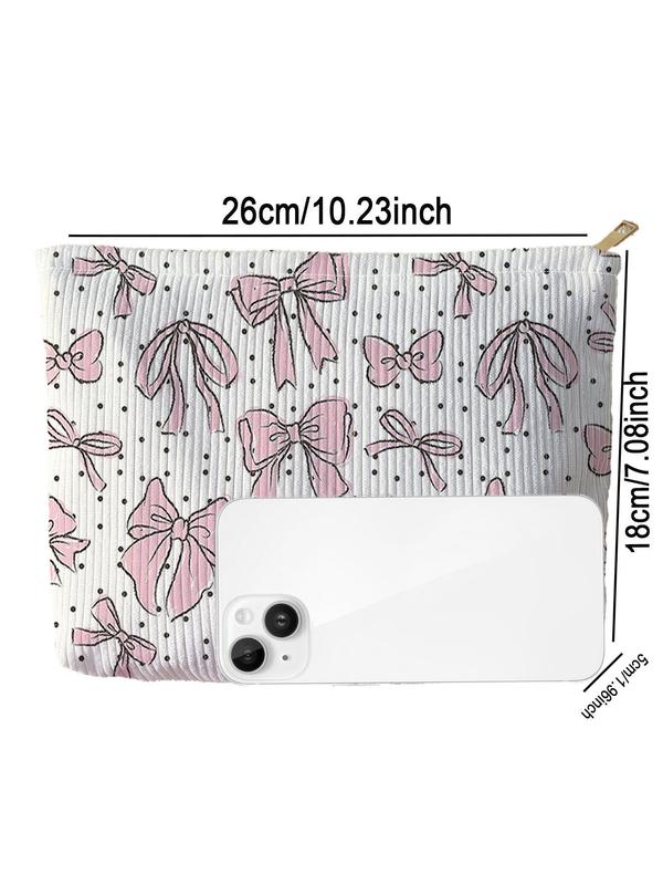 Cute Bowknot & Polka Dot Pattern Makeup Bag for School, Lightweight Multifunctional Cosmetic Storage Bag, Casual Versatile Zipper Corduroy Makeup Bag for Travel & Daily Use