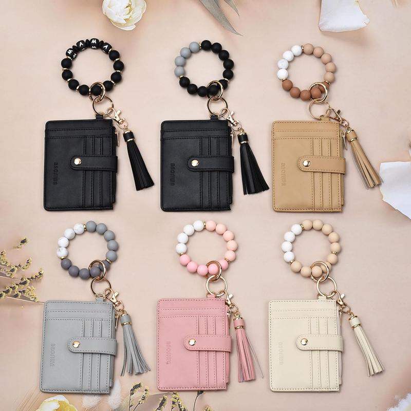 silicone bracelet keychain wallet for women wristlet card holder slim RFID wallet with leather tassel