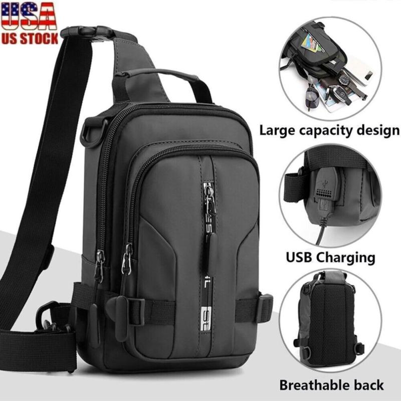 Men's Sling Chest Bag Waterproof Anti-theft Shoulder Crossbody Backpack USB Gift