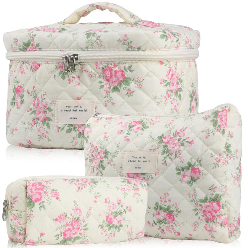 Cute Makeup Bag for Women(3 Pcs), Travel Cosmetic Bags, Quilted Coquette Aesthetic Floral Toiletry Organizer Bag