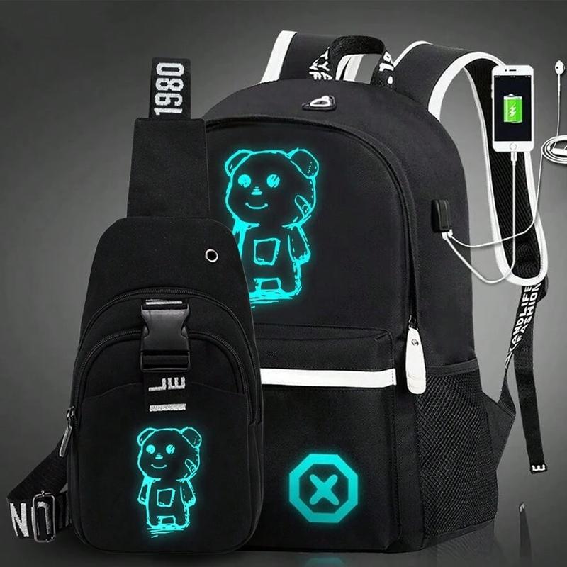 2pcs Fluorescent Fabric Backpack And Chest Bag Set With USB Charging Port, Large Capacity, Water-Resistant And Wear-Resistant Design For Campus, Travel, Street, School (All Printed Straps Are Random)