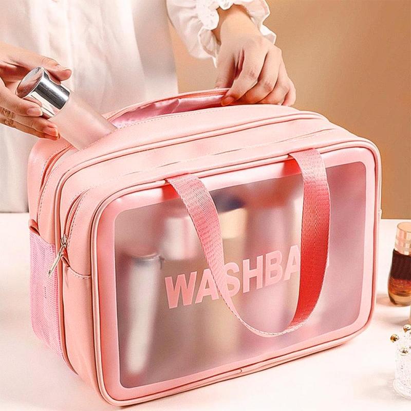 Translucent Zipper Makeup Bag with Handle, Portable Cosmetic Double Layer Summer Travel Washbag, Toiletry Bag, Facial Wash Tool Storage Bag, Trending Makeup Bag Products, Makeup Products