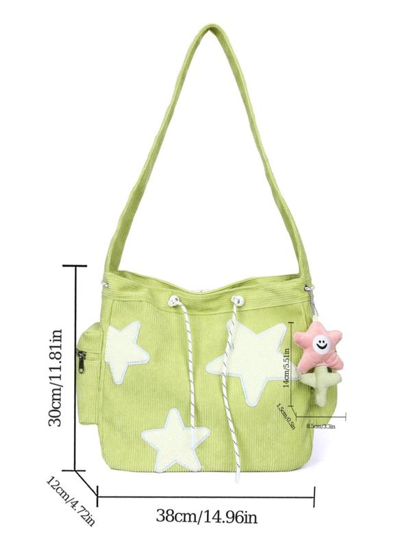 Women's Random Star Patched Drawstring Crossbody Bag with Cartoon Charm, Large Capacity Shoulder Bag for Daily Used, Daily Commuting Bag, Girl Bag 2024