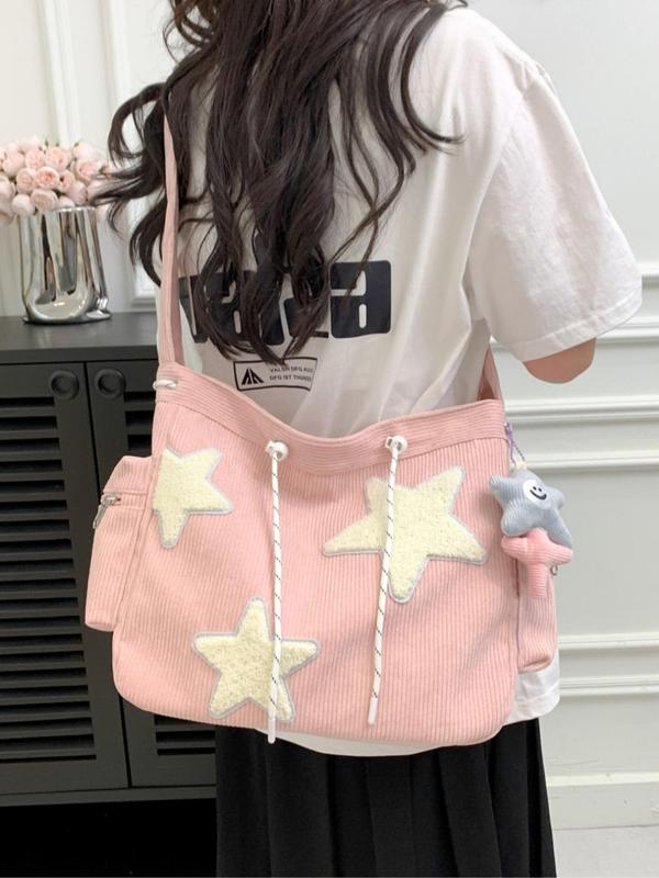 Women's Random Star Patched Drawstring Crossbody Bag with Cartoon Charm, Large Capacity Shoulder Bag for Daily Used, Daily Commuting Bag, Girl Bag 2024