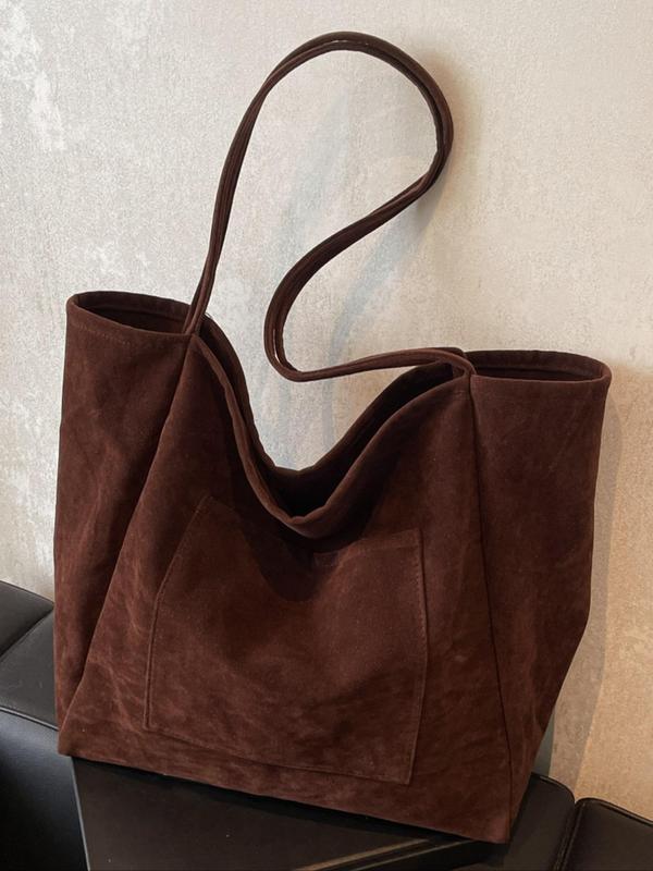 Women's Solid Color Suede Tote Bag, Fashionable Large Capacity Shoulder Bag for Work & Daily Used, Casual Trendy Versatile High-quality Daily Commuting Bag