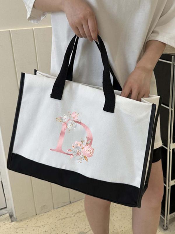 Women's Floral & Letter Pattern Contrast Binding Tote Bag, Casual Large Capacity Shoulder Bag for Daily Used, Trendy All-match Bag for Women