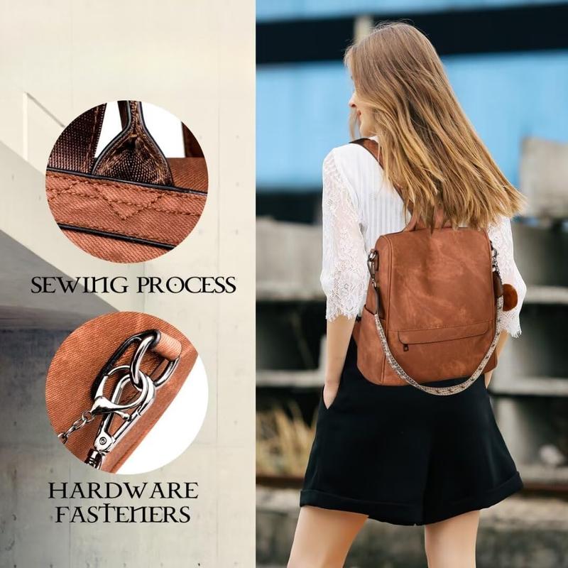 Backpack Purse for Women Ladies Backpack Vegan PU Leather Fashion Anti-theft Rucksack Waterproof Classic Print Daypack Shoulder Handbag Bag Security Casual Travel Hiking Knapsacks, Brown