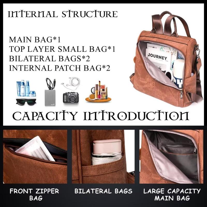 Backpack Purse for Women Ladies Backpack Vegan PU Leather Fashion Anti-theft Rucksack Waterproof Classic Print Daypack Shoulder Handbag Bag Security Casual Travel Hiking Knapsacks, Brown