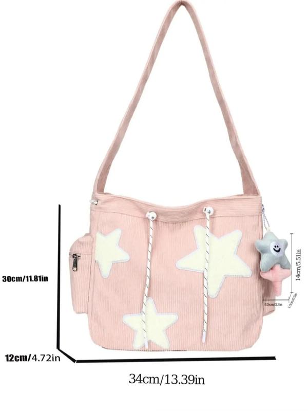 Women's Random Star Patched Drawstring Crossbody Bag with Cartoon Charm, Large Capacity Shoulder Bag for Daily Used, Daily Commuting Bag, Girl Bag 2024