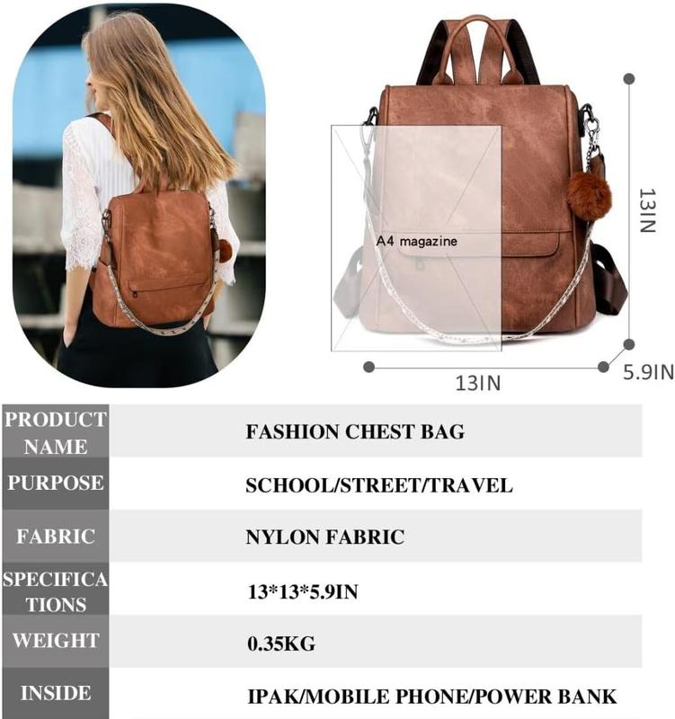 Backpack Purse for Women Ladies Backpack Vegan PU Leather Fashion Anti-theft Rucksack Waterproof Classic Print Daypack Shoulder Handbag Bag Security Casual Travel Hiking Knapsacks, Brown