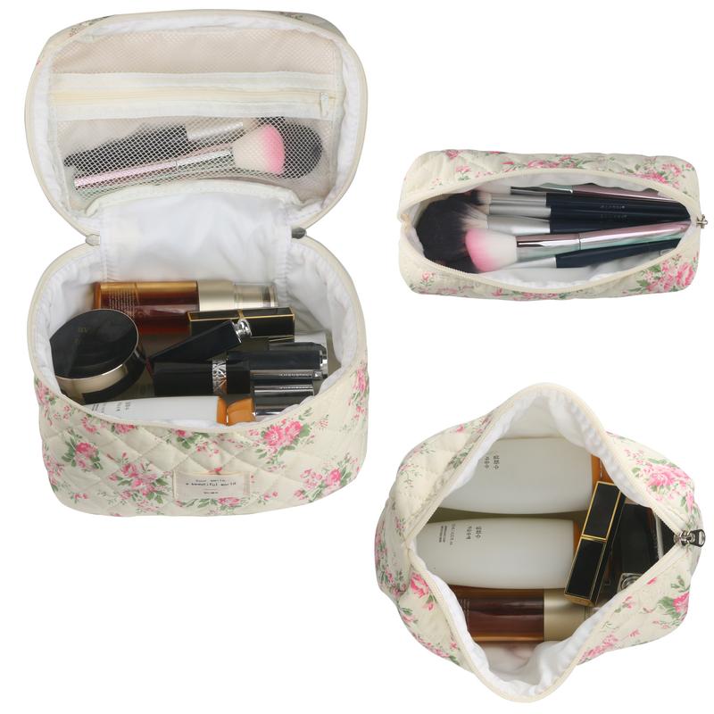 Cute Makeup Bag for Women(3 Pcs), Travel Cosmetic Bags, Quilted Coquette Aesthetic Floral Toiletry Organizer Bag