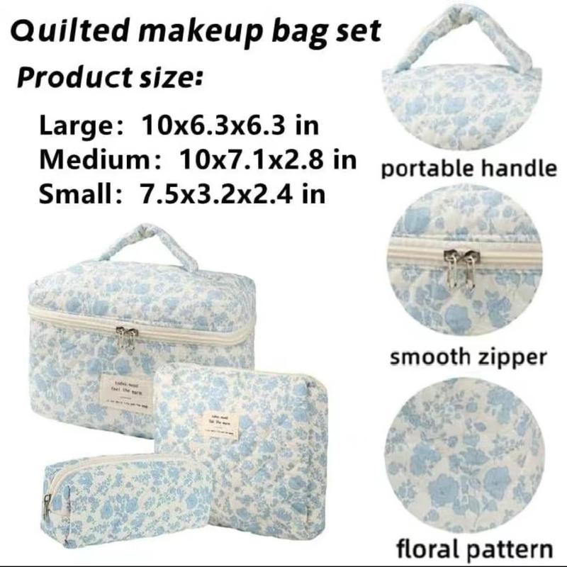 3Pcs Cotton Quited Makeup Bag Set, Quilted Makeup Bag, Large Floral Cosmetic Bag for Women, Cute Cotton Makeup Bags, Flower Travel Toiletry Organizer Bag