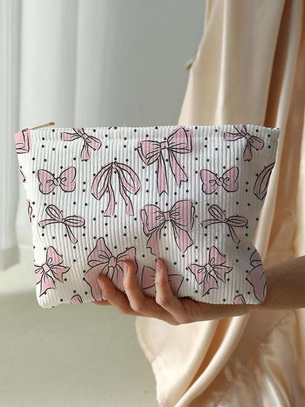 Cute Bowknot & Polka Dot Pattern Makeup Bag for School, Lightweight Multifunctional Cosmetic Storage Bag, Casual Versatile Zipper Corduroy Makeup Bag for Travel & Daily Use