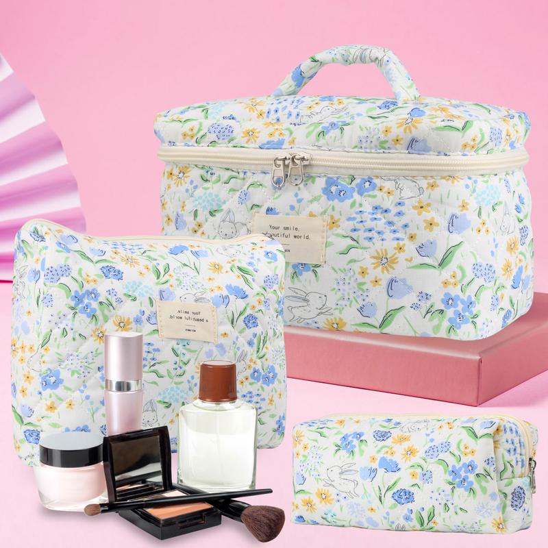 Cute Makeup Bag for Women(3 Pcs), Travel Cosmetic Bags, Quilted Coquette Aesthetic Floral Toiletry Organizer Bag