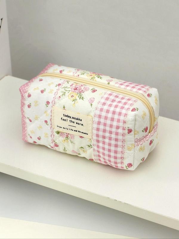 Floral & Plaid Pattern Cosmetic Organizer, Large Capacity Portable Cosmetics Brush Storage Clutch with Zipper Closure, Travel Cosmetic Bag Set